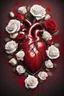 Placeholder: red human heart with white roses with blood in the background