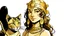 Placeholder: Illustrate a girl with a cat-like face and Cleopatra-style attire against a white background, using a Paleolithic art style.