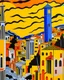 Placeholder: Orange colored towers in a Greek town in a lightning storm designed in Medieval tapestry painted by Roy Lichtenstein