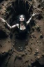 Placeholder: Closeup tall Girl goth with big eyes, fullbody, ragged clothes, extended like roots, the perspective looking up from the bottom of an empty well , midle underwater and mud 8k,macro photography,