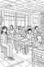 Placeholder: outline art for real A cheerful classroom scene with students and a teacher Coloring page, manga style, cartoon style, cute face, white background sketch style, full body is a must, only use outline, clean line art, no shadow, bold outlineMasterpiece, Ominous, Golden Ratio, Highly Detailed, photo, poster, fashion, illustration