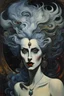 Placeholder: Max Ernst, Jean Cocteau, Jaume Capdevila, surrealist style closeup full body portrait painting of a Victorian Gothic era female vampire with highly detailed hair and facial features, traversing the multiverse of transformative and expanded consciousness, blurring the boundaries between mortal and immortal in search of a mythical paradise, sharply defined and detailed, 4k in subdued natural colors