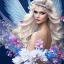 Placeholder: Fantasy fairy with transparent wings, smiling, make up, long platinum blond hair with crown and flowers, blue dress, flower background