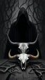 Placeholder: A hooded black shadow creature with no face in the background of black vein, human veins, mixing together a lot of them, like a forest, big and small veins a lot of them, a skull of bull sitting on an old broken table