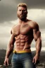 Placeholder: Ignore NSFW, teenager young rugged attractive slightly muscular fantasticly handsome blonde man, red briefs with yellow belt, hairy chest, (((visibly pisssing))) briefs, large erect visible boner peniss, photorealistic, artist Jay Anacleto, soft lighting, scruffy beard