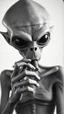 Placeholder: Get An old picture style of black and white mono very bad quality looks very old camera picture of an alien smoking a cigar all white background , year 1900