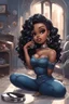 Placeholder: Create a futurism magna art of a black chibi curvy female sitting on the floor looking at herself in a hand mirror. She is wearing tight blue jeans and a black off the shoulder blouse. Prominent make up with lush lashes. Highly detailed long wavy hair. She is also wearing silver large hoop earringsart of a black chibi curvy female sitting on the floor looking at her cell phone. She is wearing tight blue jeans and a black off the shoulder blouse. Prominent make up with lush lashes.