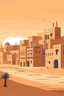 Placeholder: Create a vivid and atmospheric illustration of a cityscape set in a desert environment along the banks of the Nile River. Emphasize the dusty and sandy streets that are devoid of pavement, featuring predominantly soil roads. Illustrate simple brick-based buildings with minimalistic facades, resembling boxes, and portray them against a backdrop of people who are notably smiley. Capture the city's unique atmosphere by incorporating frequent smoke in the air, indicative of a city where people smoke