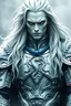 Placeholder: Scary knight with long white hair with icy fog and silvery white eyes and pail skin wearing silver armor with a blue pendentand and a silver dragon on the center of it on his chest