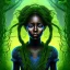 Placeholder: Painting .the face of A young black woman. A wood nymph emerging from the forest. Her hair looks like vines. Dreadlocs. Her skin is the colour of dark soil. Her skin looks like tree bark. Her clothing is made of vines, grass and leaves.