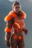 Placeholder: full body portrait of a beautiful girl, wearing glowing orange armor, futuristic armor, natural posture, nice smile, snowy mountain background, snow, fur cloak, full body, short armor