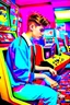 Placeholder: a millineal teenage boy is playing video arcade games, bright colored clothes from the 90s, hairstyles of that time