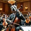 Placeholder: a gray pit bull wearing a nice suit playing the cello in the centre .of a big orchestra
