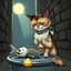 Placeholder: Prompt: A humerous caricature of a bedraggled Oriental shorthair Siamese cat wearing a bib tied around its neck, saying grace over an inverted garbage can lid with a fish skeleton with its head intact. The cat's eyes are closed and his head is bowed. Set it in a dark alley with a beam of moonlight illuminating him. Add a little mouse by the cat, with a tiny piece of cheese in front of him, also with his head bowed and his eyes closed.