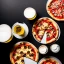 Placeholder: Pizza on plate, glass of beer, black background