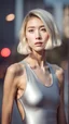 Placeholder: beautiful anorexic asian female, total shot, shiny silver triathlon swimsuit, short blond wavy bob hair, blurred city background