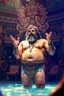 Placeholder: airbrush with pen outline, hulk Saddam Hussain,swimsuit hippie in his palace raised folded hands having fun in a festival in the 60s, goa psy ambient in the style of vangelis and fsol, source vibrations, bokeh like f/0.8, tilt-shift lens 8k, high detail, smooth render, down-light, unreal engine, prize winning