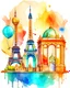 Placeholder: an open bag full of world monuments,Taj Mahal, Statue of Liberty,The Eiffel Tower, London Burjal Arab Hotel,Tower of Pisa , in watercolor and oil painting style