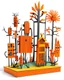 Placeholder: An orange colored metal forest with bugs designed in Navajo woven art painted by Stuart Davis