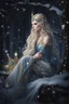 Placeholder: Elven princess,elven crown,long blonde golden hair,rapunzel hair,ice flowers,beautiful,light blue,dark blue,golden armor,sparkle,glitter,ice flowers,snow,elven ears,dark fairy princess