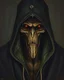 Placeholder: Bosch painting style , a dark hooded creature open his jack