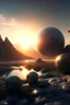 Placeholder: hyperrealistic landscape with three planets on another planet with rocks at sunrise