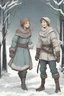 Placeholder: DnD style, two medieval peasant kids playing in the snow, female age 14 and male age 15, happy and playful, he has a short sword. Coats and pants