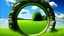 Placeholder: A round window in a stone wall offers a view of a vibrant, lush green field under a clear blue sky. The window's arched shape centers the view and creates a sense of symmetry. The stone wall is rough and aged, adding a rustic charm to the scene. The contrast between the rugged wall and the smooth, grassy field enhances the visual appeal of the image.