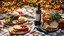 Placeholder: autumn picnic, there is a bottle of wine on the bedspread, fruits and vegetables, cheese and bread, tomatoes, cucumbers, hyperdetalization, premium photos, version 6.1