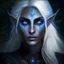 Placeholder: dnd, realistic portrait, stunningly beautiful, drow dark elf, female, strong, blue eyes, cleric of the moon, moogodess, good, peaceful, at one in nature, kind, looks to be 25 years old