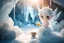 Placeholder: cute chibi ice fairy in an ice cave with tea in sunshine, ethereal, cinematic postprocessing, dof, bokeh