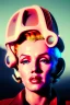 Placeholder: Ultra Realistic retro sci-fi scene, portrait, blonde woman, sweet young Marilyn Monroe face, perfect iris, tight latex coat, Strange planet background, Retro sci-fi style helmet. fog, rain, soft color, highly detailed, unreal engine 5, ray tracing, RTX, lumen lighting, ultra detail, volumetric lighting, 3d, finely drawn, high definition, high resolution.