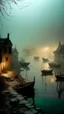 Placeholder: Qaitbay Citadel in Alexandria, fishermen’s boats anchored around it, fishermen putting fishing nets on their boats, fog covering the place, the moment the sun rises