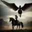 Placeholder: fallen angel riding a horse, spectral, 4k, 8k, highly detailed, cinematic, ultra photorealistic, ultra realistic, volumetric lighting, moody, gloomy