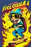 Placeholder: A rat on a skateboard, with glasses and a helmet; the rat laughs; fire coming from behind; cartoon style complementary colors, with the text "FISCALIA COLOMBIA"