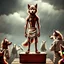 Placeholder: stands on top a wooden box a thin, young sad anthropomorphic wolf in full body hair with autentic wood-bone necklace hanging in his neck and in white belt , front him two older anthropomorphic wolves white Chef's Bib Snap Apron look at him, stormy sky, in blur background more different anthropomorphic wolves stand in body hair and looking them , realistic, detailed, cinematic, sci-fi, digital art, fantasy mood