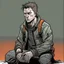 Placeholder: man, ethan hawk, looking at the floor, looking serious, comic book, post-apocalypse, grey background, illustration,