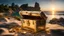 Placeholder: Photo of a treasure chest filled with gold and golden accessory on a island, 8k, golden hour, dramatic lighting