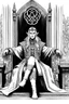 Placeholder: ink drawing, line art, clipart, simple line illustration, white and black, sketch style, only use outline, White background, well outline, clear, no shadows, no gray filling, no black filling, real face A 40 year elven king sits casually on a grand throne, adorned in regal robes and a splendid crown, radiating an aura of timeless wisdom and grace. Crossed legs. His relaxed posture suggests a nonchalant elegance. Behind him, an intricately carved wall displays the elven crest, with elegant torche