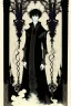 Placeholder: 17 year old boy, necromancer, friendly, looks dead, surrounded by weird smoke with eyes, wearing black robes, in the style of Harry Clarke