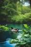 Placeholder: A ducks swimming in the lake , covers a green leaves among relict trees, tropical forest in some places covered with ivy, around blue beautiful river fantasy, photo