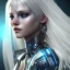 Placeholder: A beautiful portrait of a cute smiling cyberpunk woman, long blond platinum hair, high key lighting, volumetric light high details with blue and white stripes and feathers and white celtic paterns, beam starry background