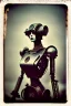 Placeholder: steampunk, vintage analog polaroid of a woman robot, female body, fog, lomography, heavy film grain, rain, color bleed, depth of field, bokeh, retro