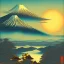 Placeholder: Ukiyo-e Style , mount fuji, sun set