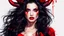 Placeholder: SUPER PRETTY WOMAN, RED EYES, RED MAKE-UP SCRASHED, INTENSE LOOK, DIRTY, BLACK LONG HAIRED, RED LIPS, SMALL HORNS, beautiful artwork, vibrant colors, 4k, high quality, high detailed, whiteness background.