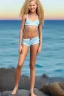 Placeholder: full body image of a beautiful 12 year old girl with long, blonde curly hair and light blue eyes, smiling, shirtless, in front of an distant beach, 8k