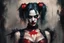 Placeholder: realistic portrait of harley quinn Digital Oil painting in the style of Jeremy Mann, bold loose brushwork, speedpainting, incoherence and chaos. Portrait of a black haired demoness stunning. Messy grunge gritty. Red eyes. wearing black leather corset. Dark colors subdued. Moody ambiance, impressionistic painterly ray tracing. Reminiscent of the surreal style of Miyo Murakami and Natalia Drepina