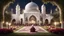 Placeholder: Hyper Realistic Muslim-men praying outside a Beautiful-Huge-White-&-Maroon Mosque in a beautiful garden with grass-arches, Ramadan-Light-Decorations including flowers & garland-lights with garden-lamps showing dramatic-&-cinematic-ambiance at night