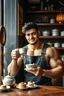 Placeholder: BOYISH CUTE FLUFFY young mechanic man with huge muscles and his top off enjoying high tea by himshelf with little cakes, with large title( - FAG - BOI TEA HOUSE)