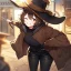 Placeholder: Clear focus, High resolution, short brown spiky hair, hair between eyes, eyes closed, wearing a brown detective hat, wearing a brown jacket and a black shirt, wearing black shorts, 1girl, pulling hat down, smiling, wearing a oversized hoodie